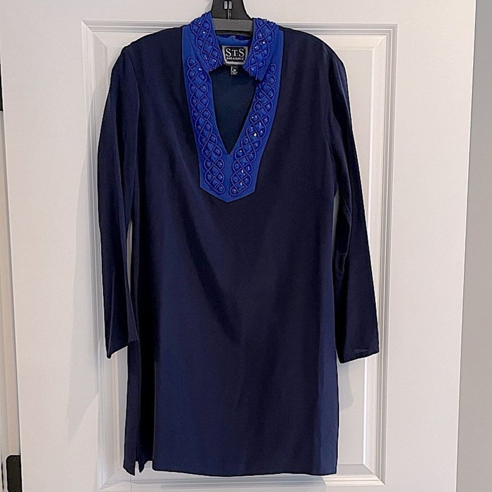 EUC Sail to Sable silk dress Sz. M Navy Jeweled Collar